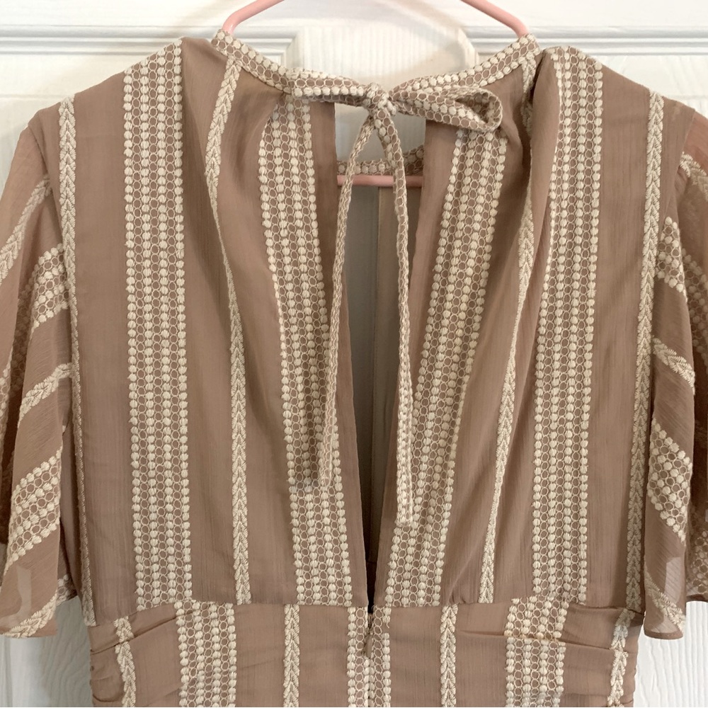 Absolutely gorgeous  taupe dress with ecru embroidered detail.